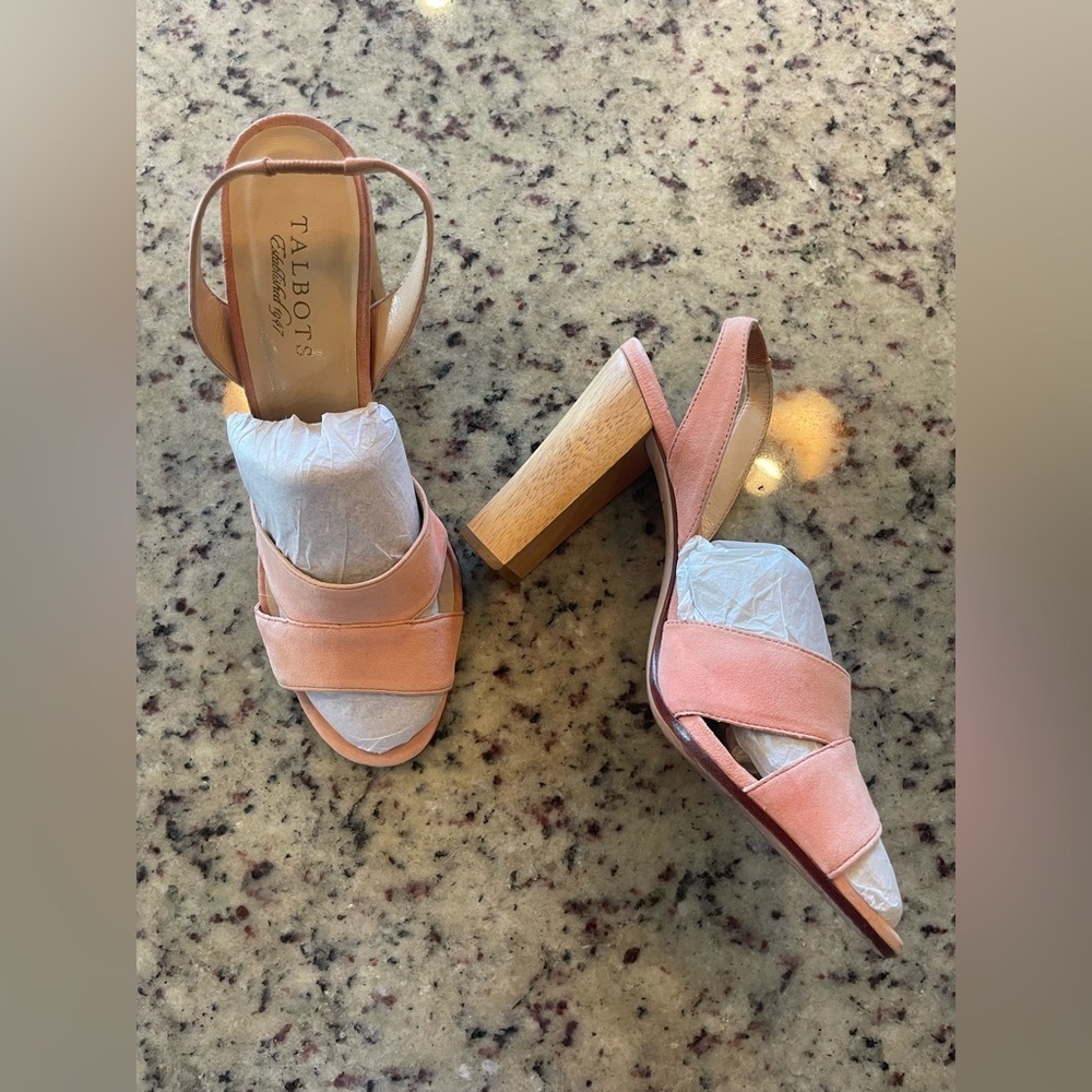 Talbots peach suede wooden black heel sling back sandals size 8.5